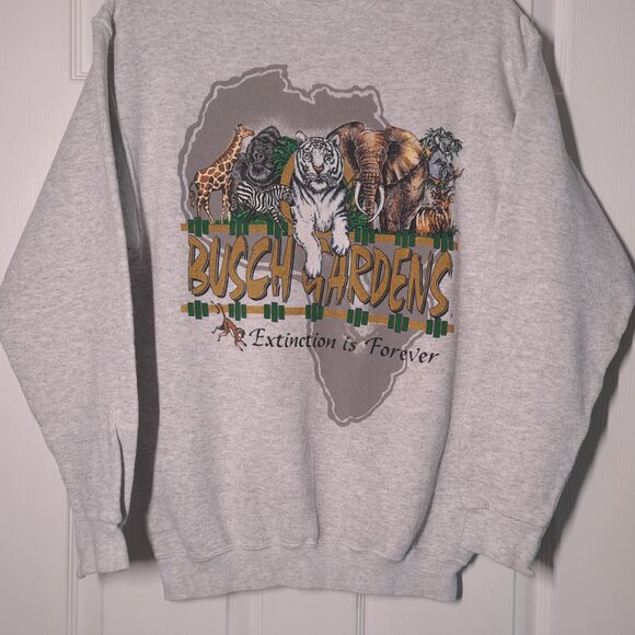 VINTAGE Busch Gardens: Extinction Is Forever USED Sweatshirt (STAINING, S, Gray) - Picture 6 of 9